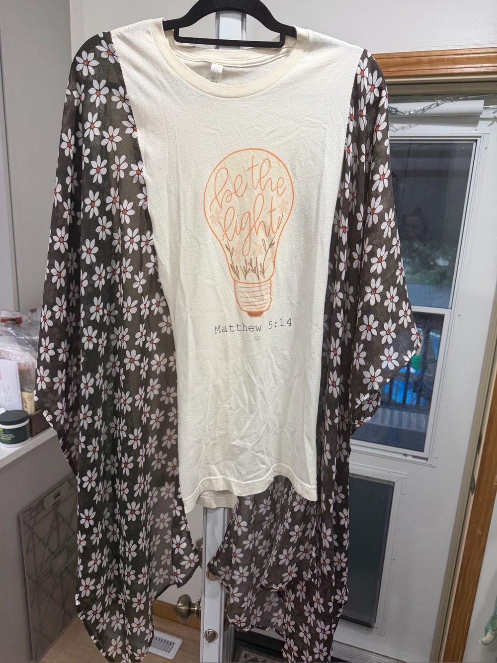 Upcycled Be the Light Cream Graphic Tee with Floral Kimono